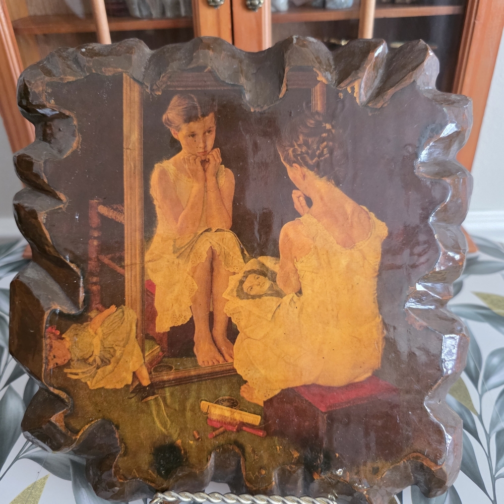 Vintage Wooden Plaque with Mirror Reflection Art